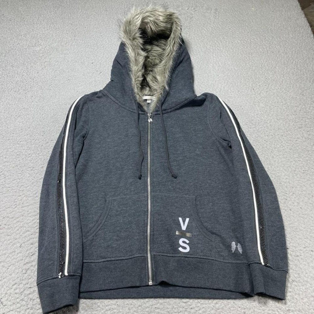 Victoria's Secret Grey Faux Fur Hood Lined Bling Zip Up Hoodie Jacket Small